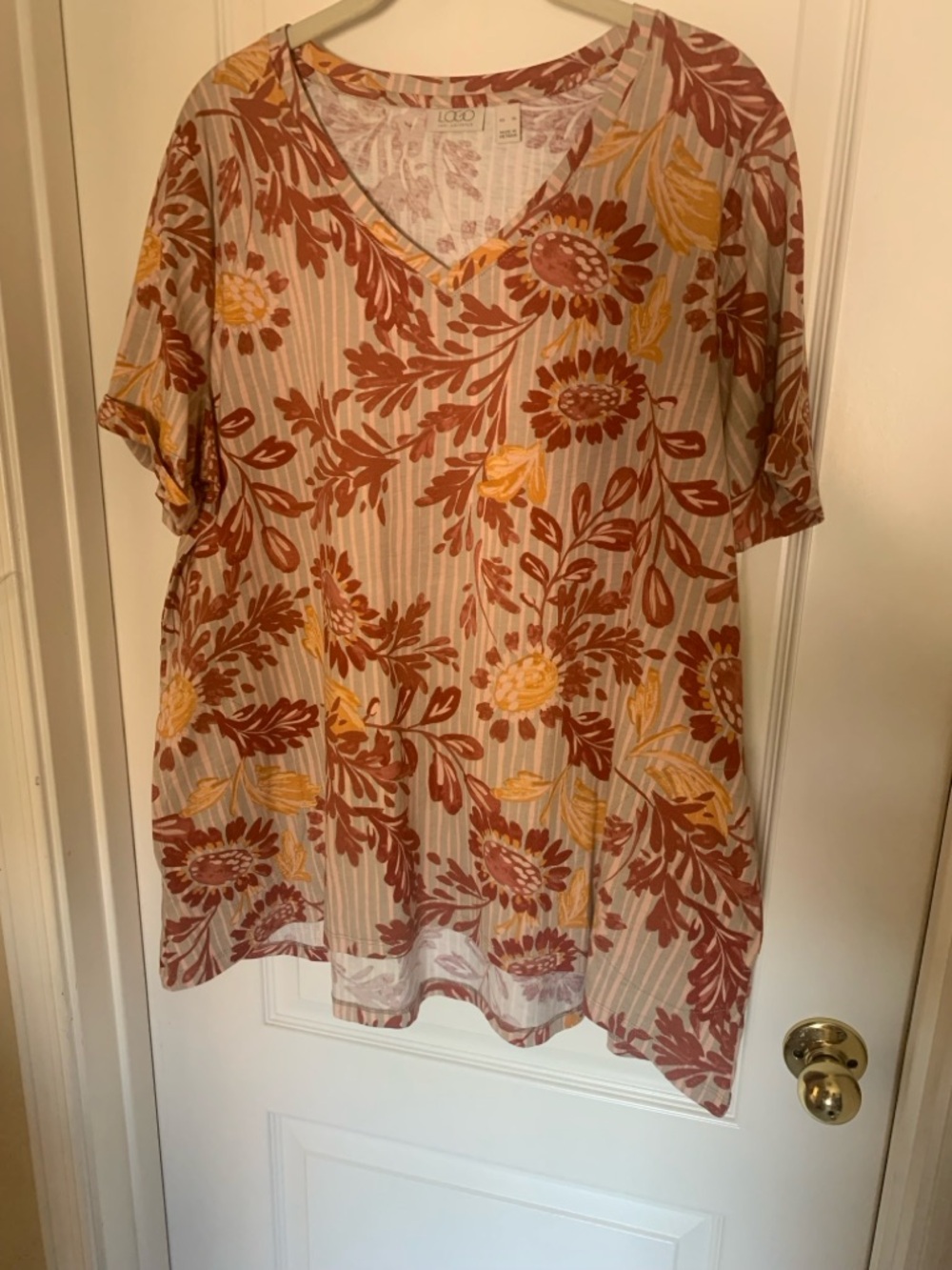 LOGO By Lori Goldstein V-Neck Floral Tunic Top in Rust & Mustard Over Stripes